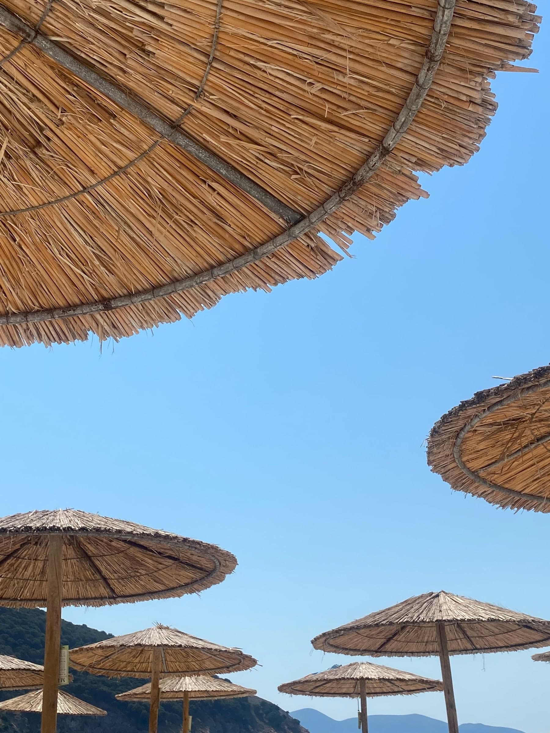 Straw beach umbrellas against a clear blue sky, seen from below